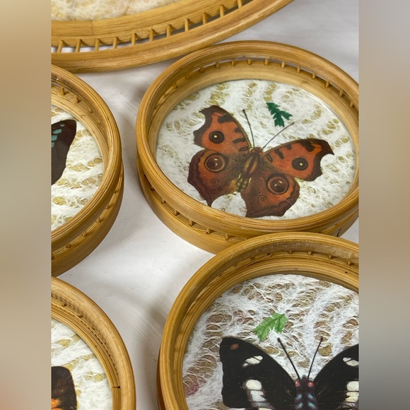 Vintage Bamboo/Rattan/Glass pressed flower & Butterfly tray/coaster set 7 pcs - Picture 8 of 16